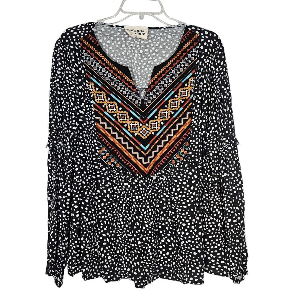 Savanna Jane Womens Size 1X Geometric Embroidered Black Polka Dot Tunic Top Boho